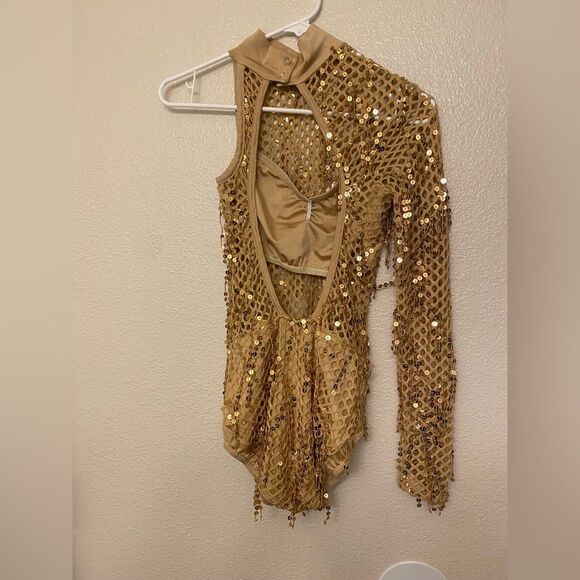 Kelle solo dance jazz acro costume gold fishnet fringe leotare SA-Small adult - Picture 4 of 12